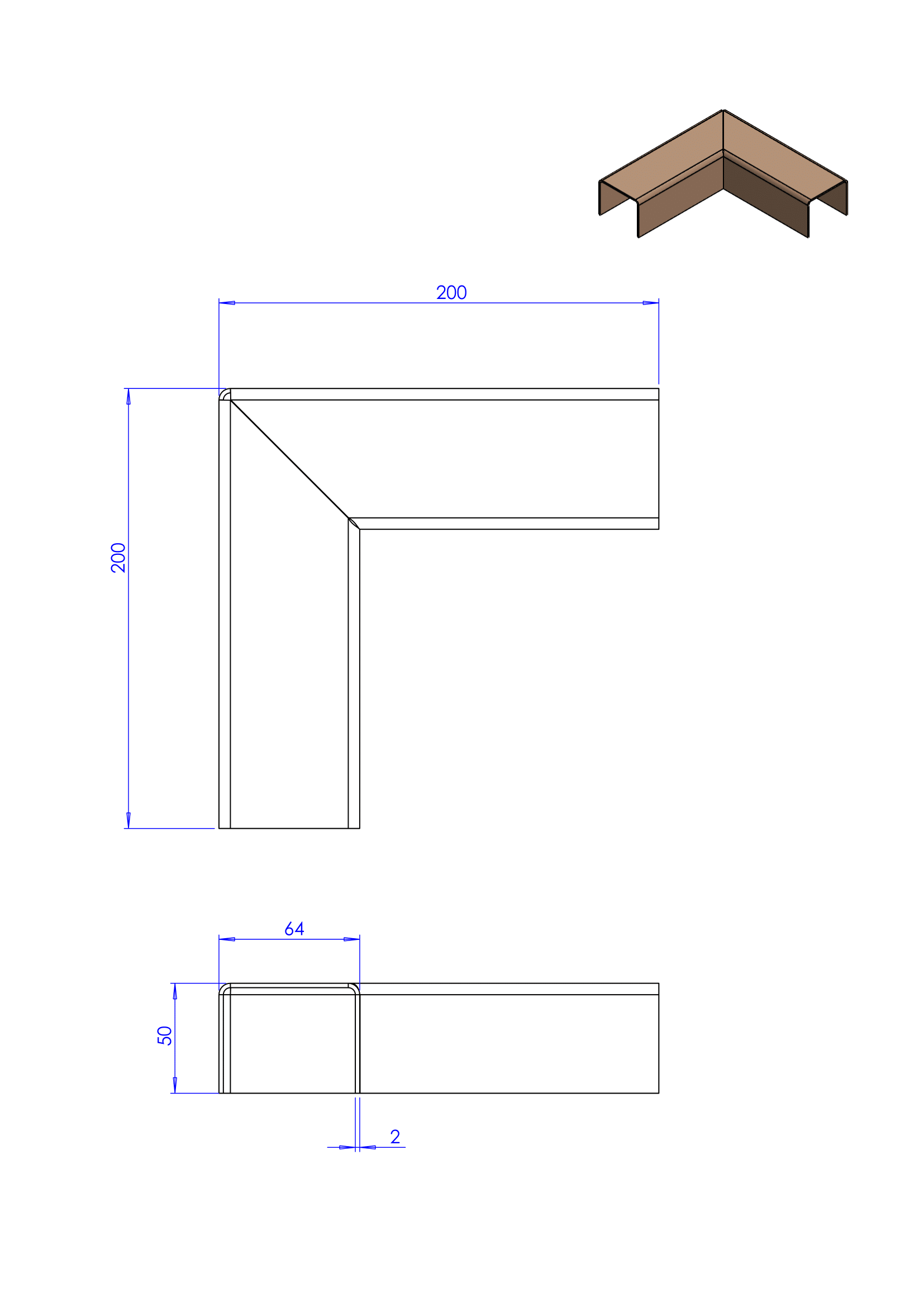 Technische tekening van een L-vormig hoekprofiel met afmetingen in millimeters.