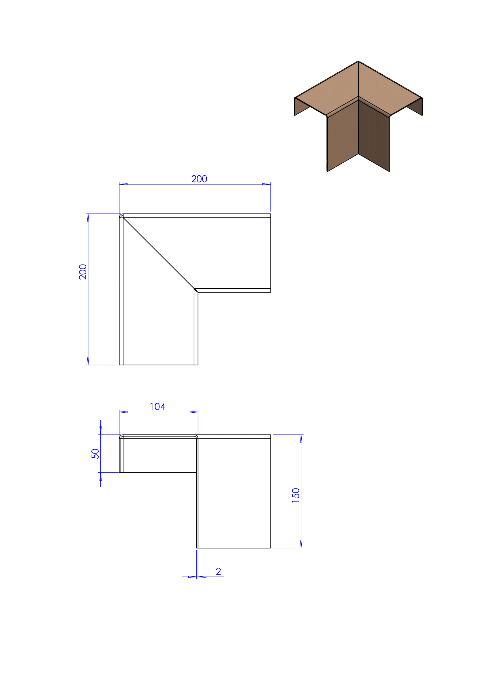 Technische tekening van een L-vormige metalen trog of bakhoek, met afmetingen aangegeven op de boven- en zijaanzichten.