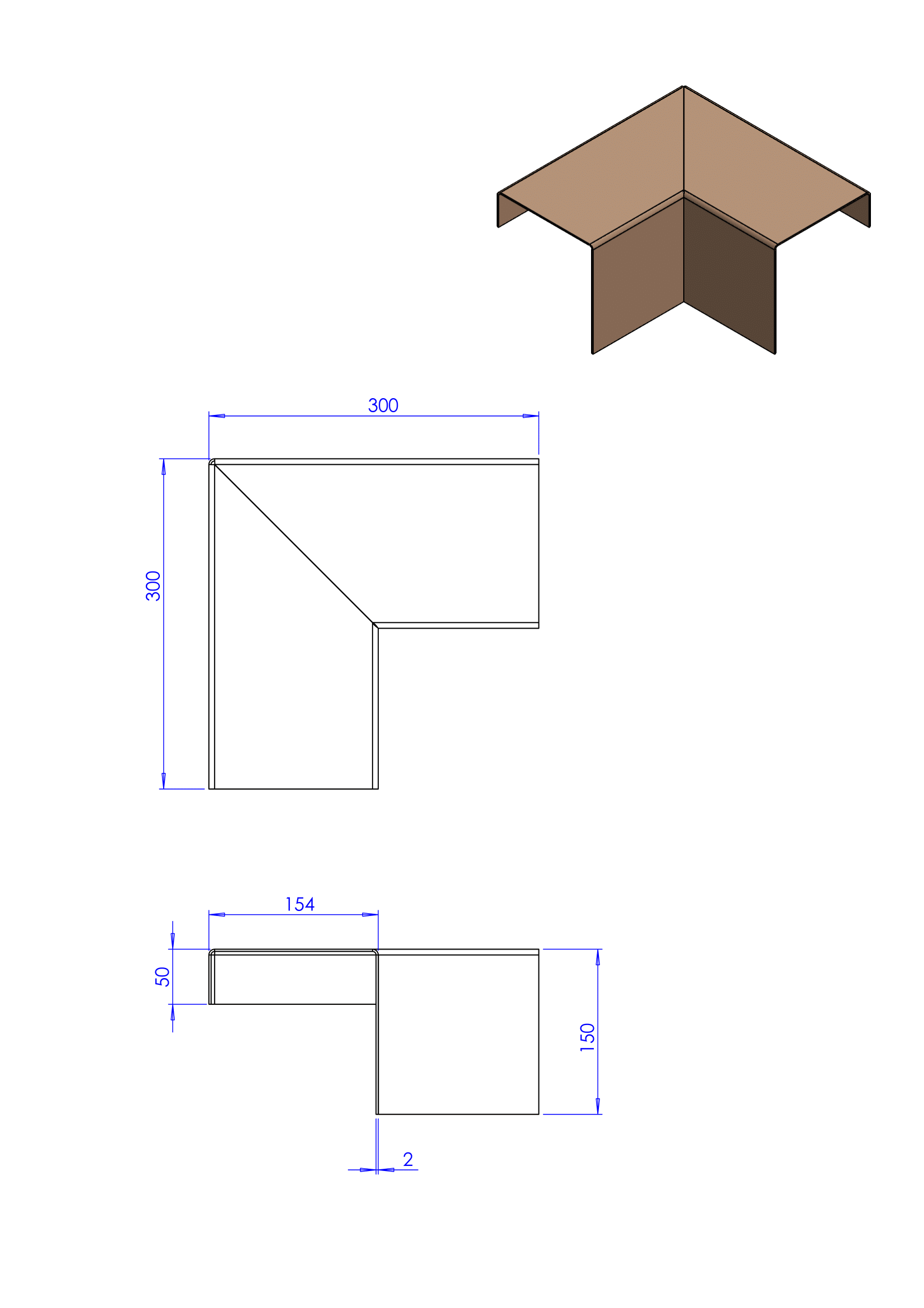 Technische tekening van een L-vormig hoekstuk met bovenaanzicht en vooraanzicht, inclusief maataanduidingen.