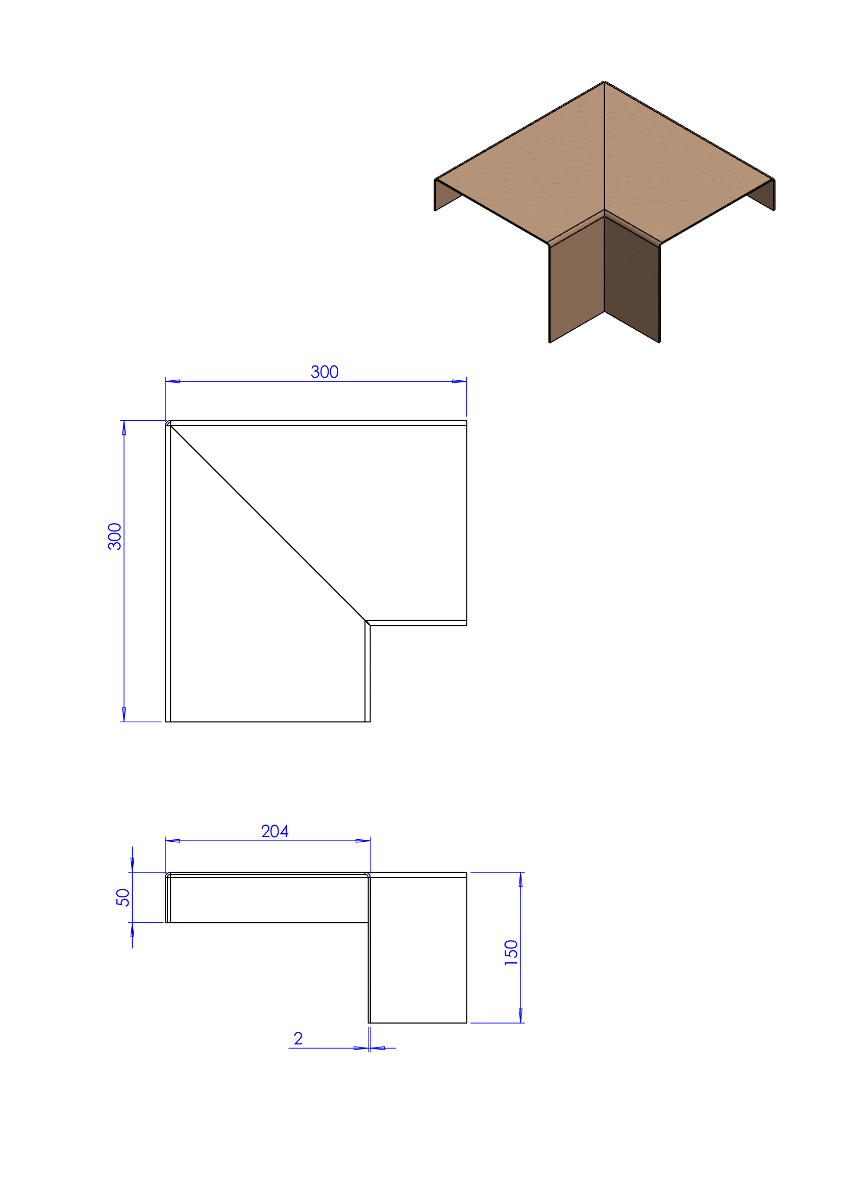 Technische tekening van een L-vormig hoekstuk met afmetingen, weergegeven als een 3D-model hierboven en 2D-projecties hieronder.