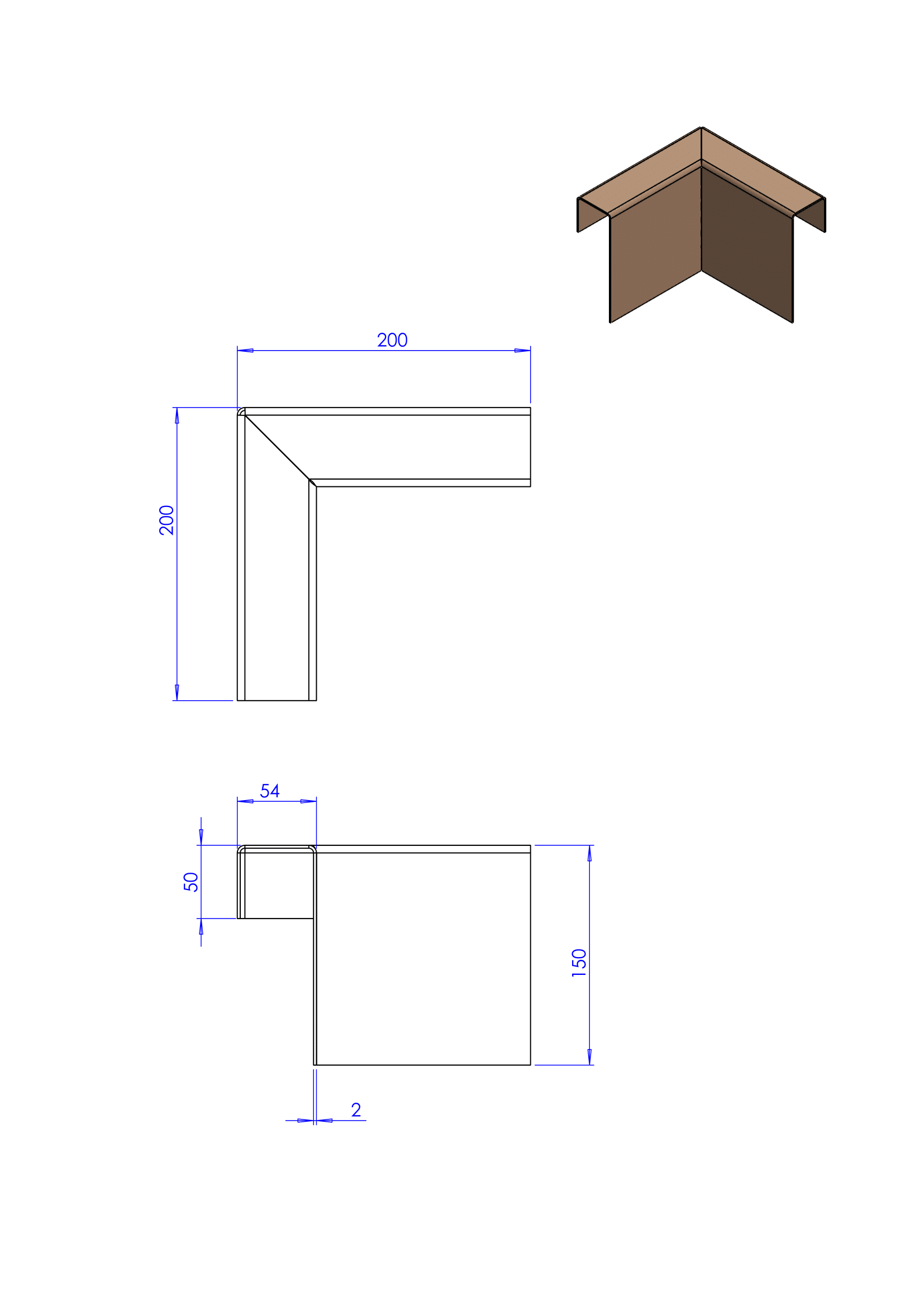 Technische tekening van een L-vormig hoekstuk met afmetingen in millimeters en een 3D-perspectiefweergave bovenaan.