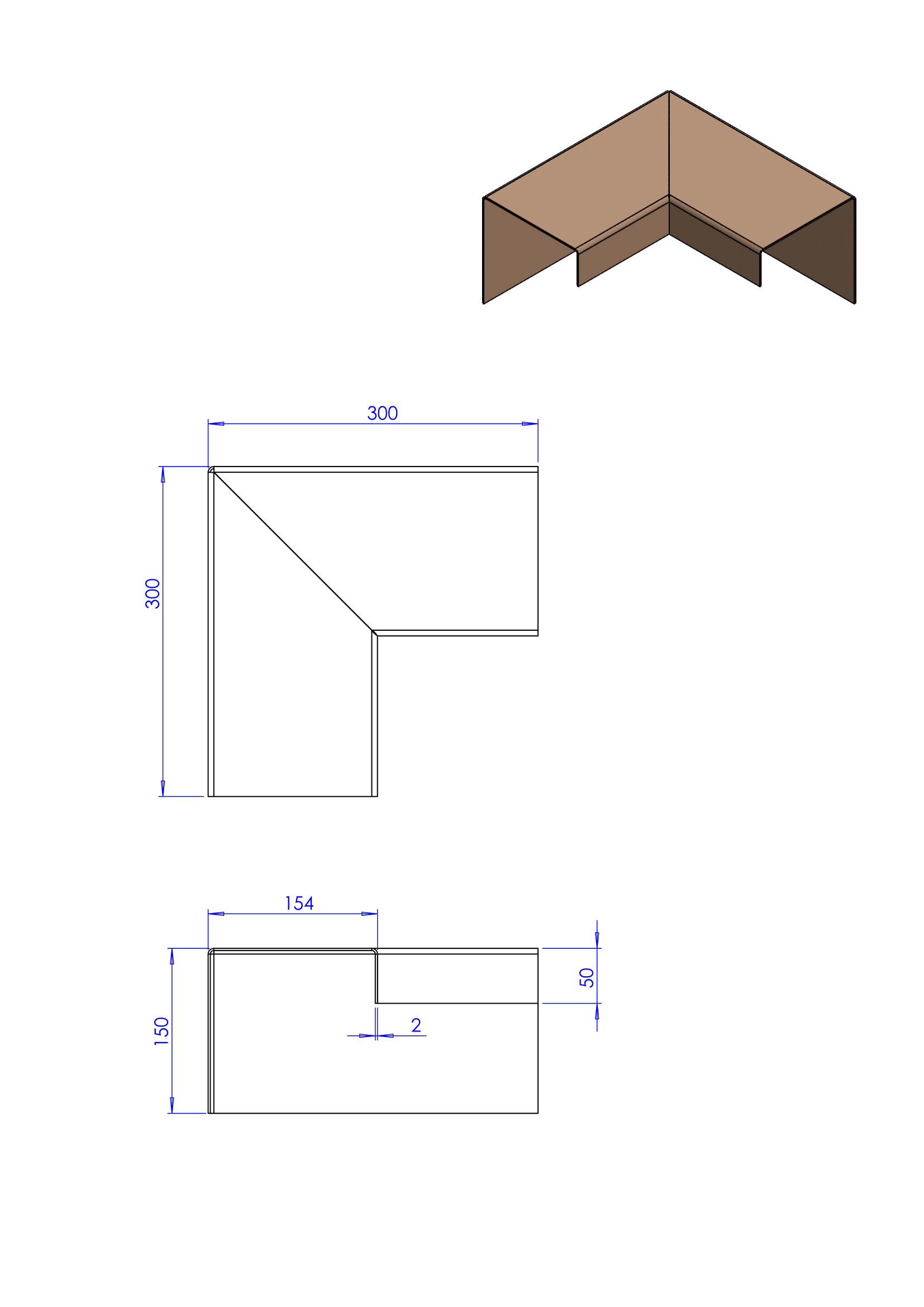 Technische tekening van een L-vormig hoekstuk met bovenaanzicht en vooraanzicht, inclusief maataanduidingen.