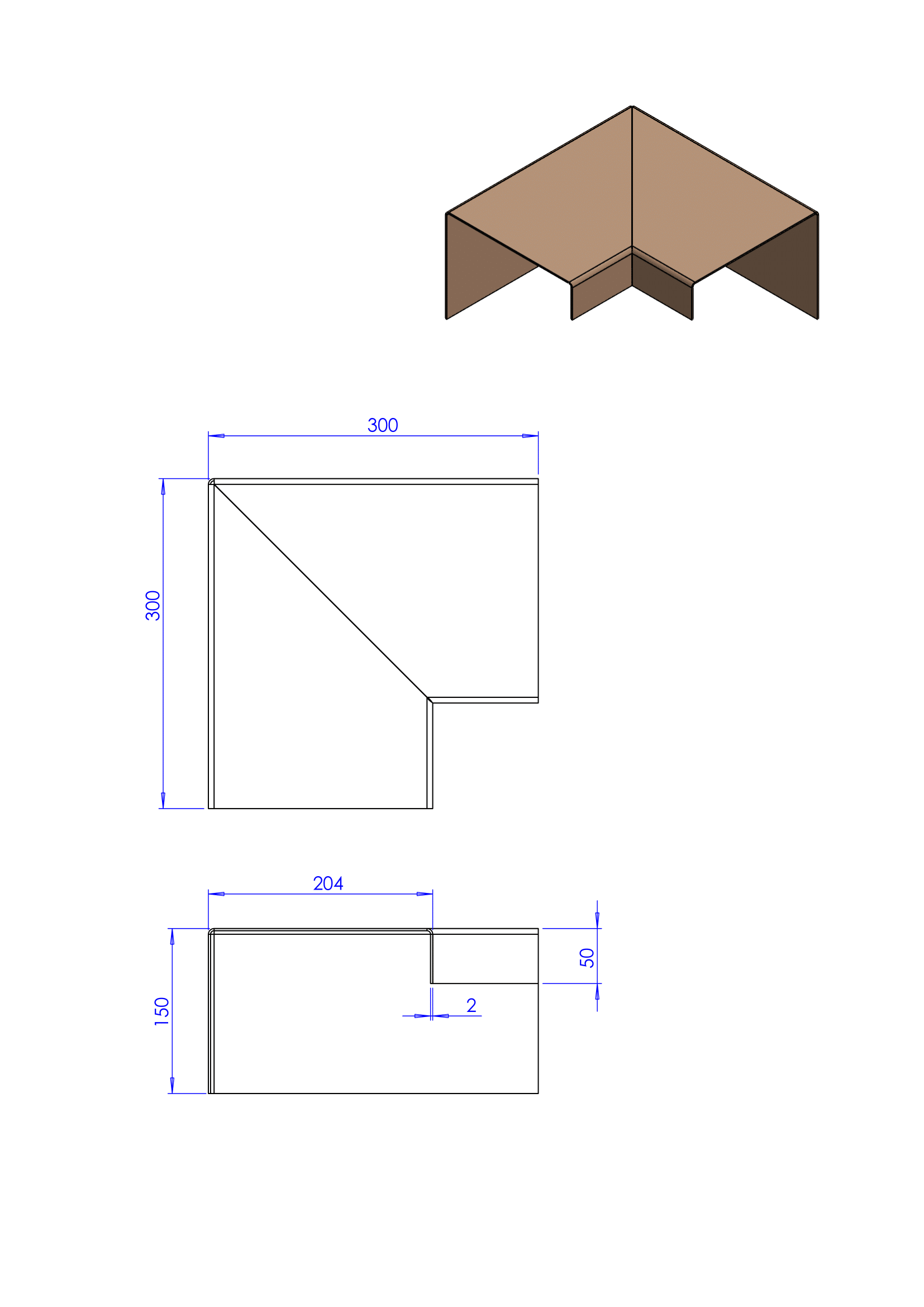 Technische tekening van een L-vormig hoekstuk met afmetingen, weergegeven als een 3D-model hierboven en 2D-projecties hieronder.