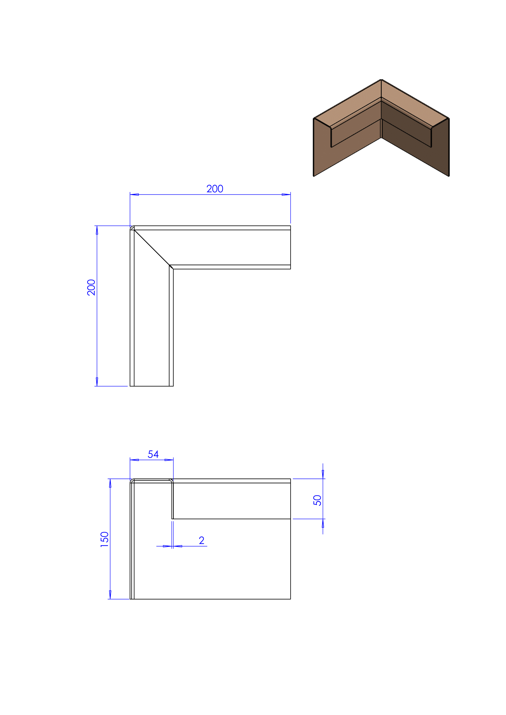 Technische tekening van een L-vormig hoekstuk met afmetingen in millimeters en een 3D-perspectiefweergave bovenaan.