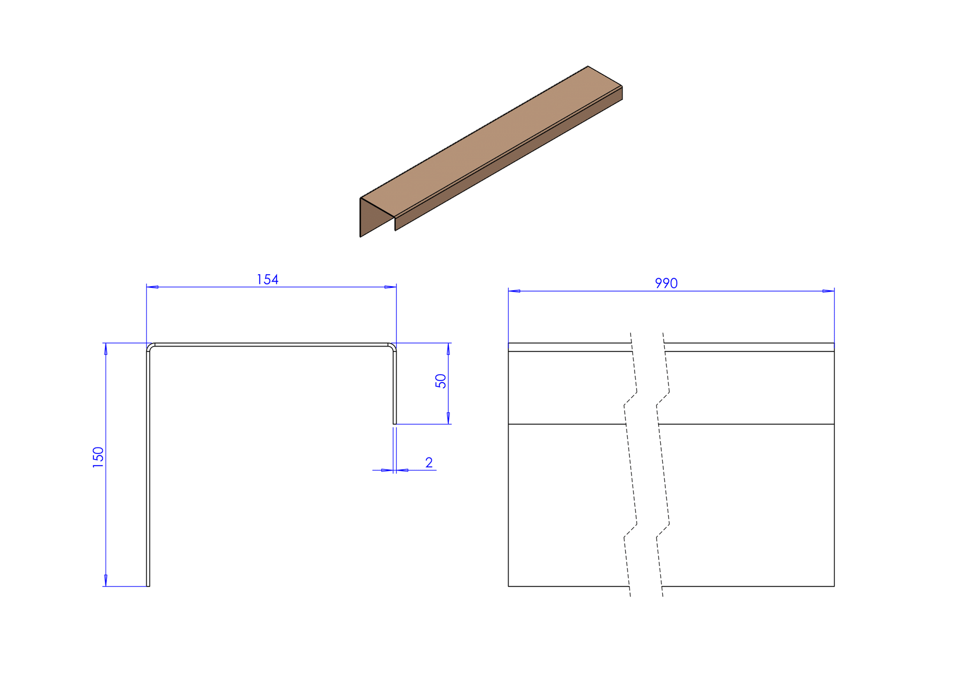Technische tekening van een metalen sierlijstcomponent, met de dwarsdoorsnede, afmetingen en totale lengte weergegeven.