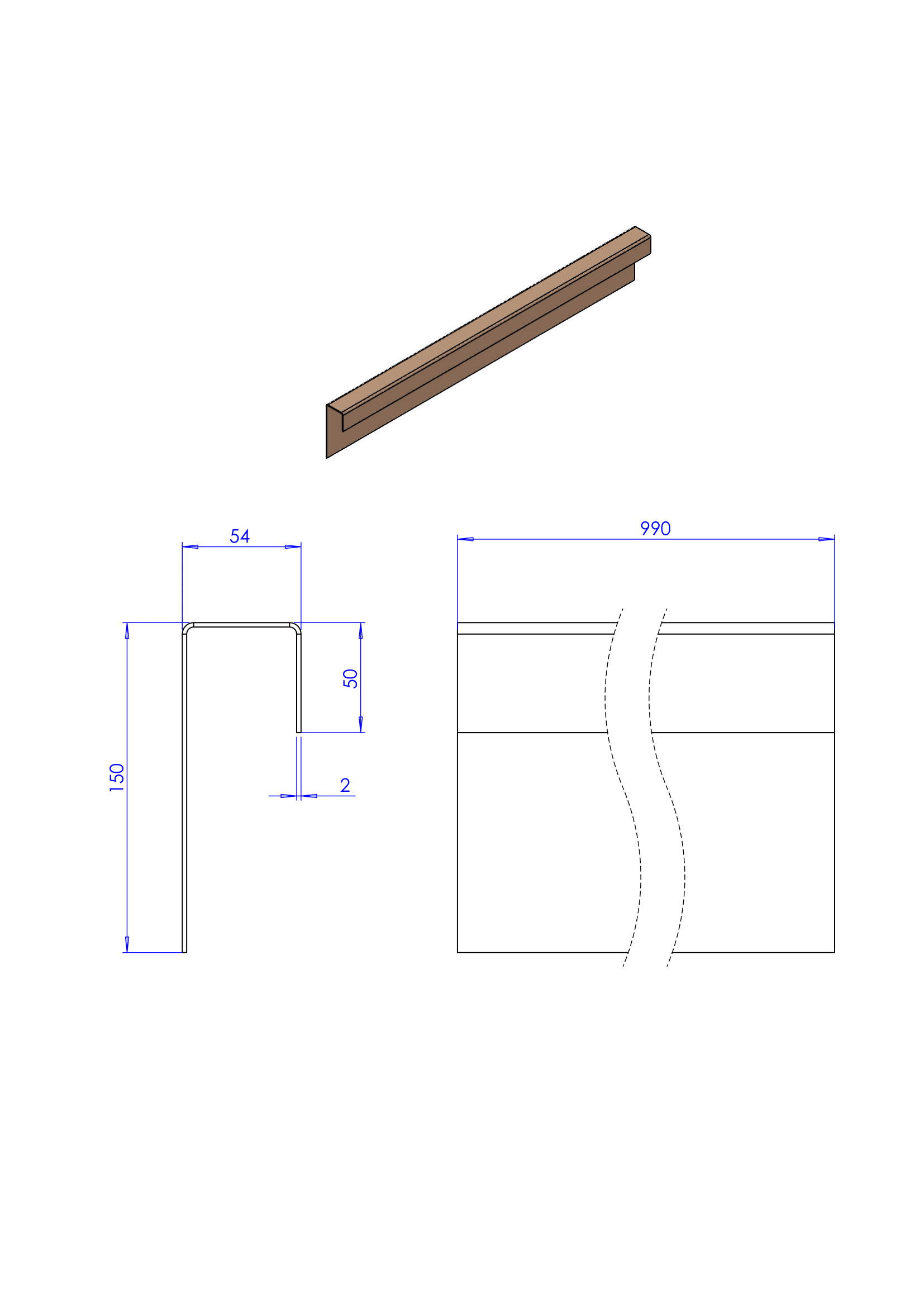 Technische tekening van een metalen constructieprofiel of C-balk, inclusief zijaanzichten en afmetingen.