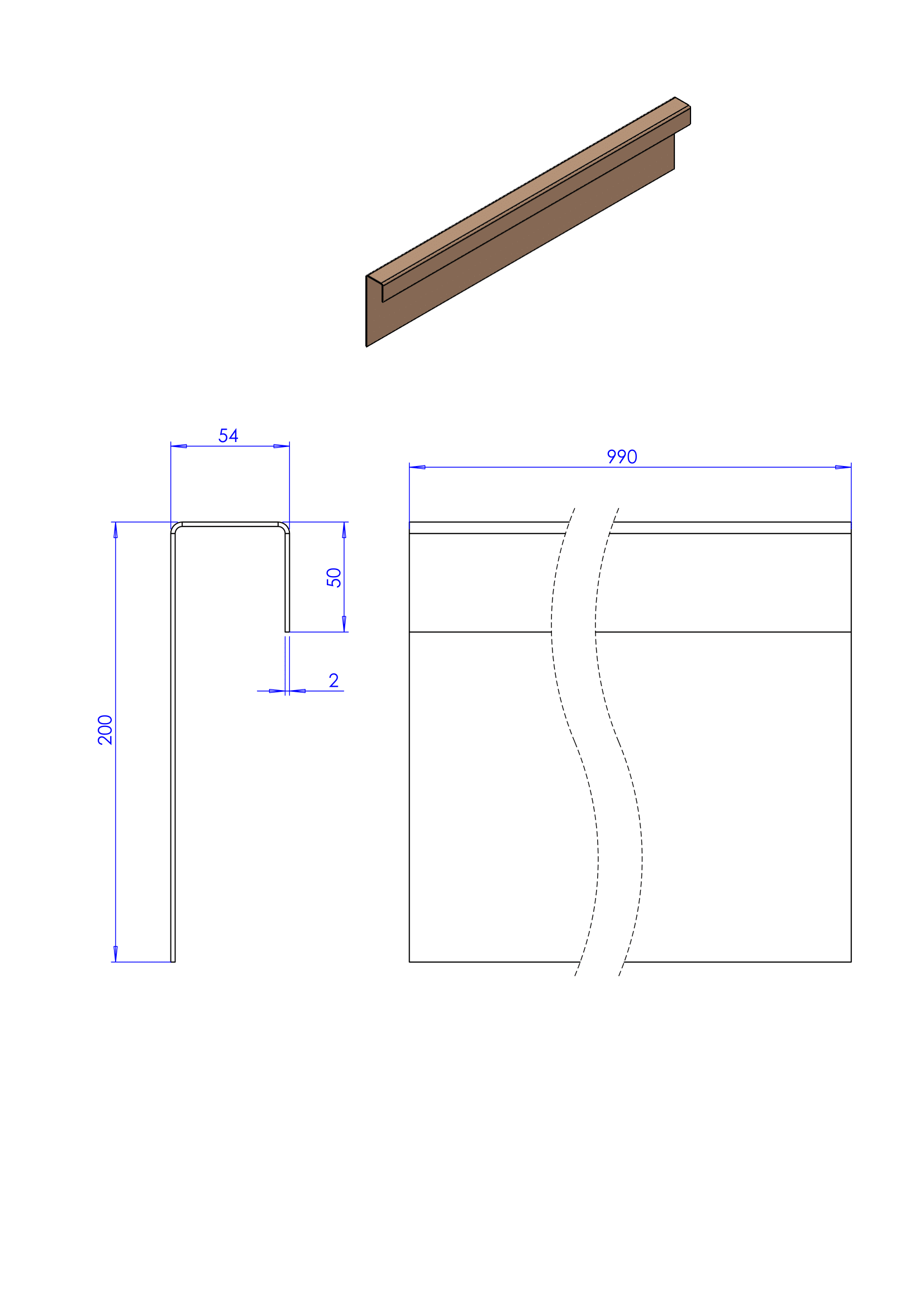 Technische tekening van een L-vormige metalen strip met afmetingen van 2,0 mm dik, 50 mm breed en een verticale flens van 15 mm.