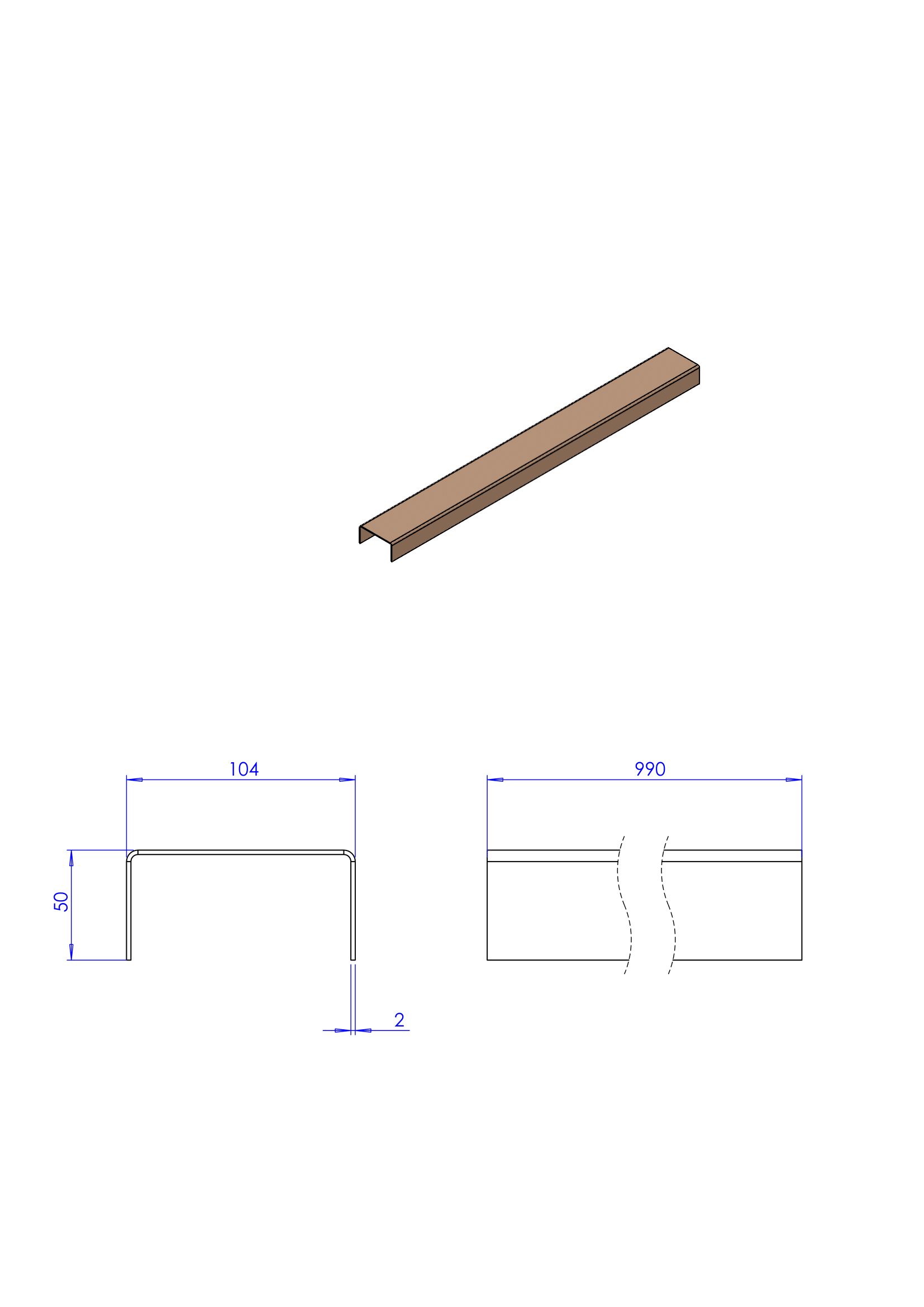Technische tekening van een metalen C-profiel met afmetingen van 40 mm breed, 15 mm hoog en 140 mm lang.