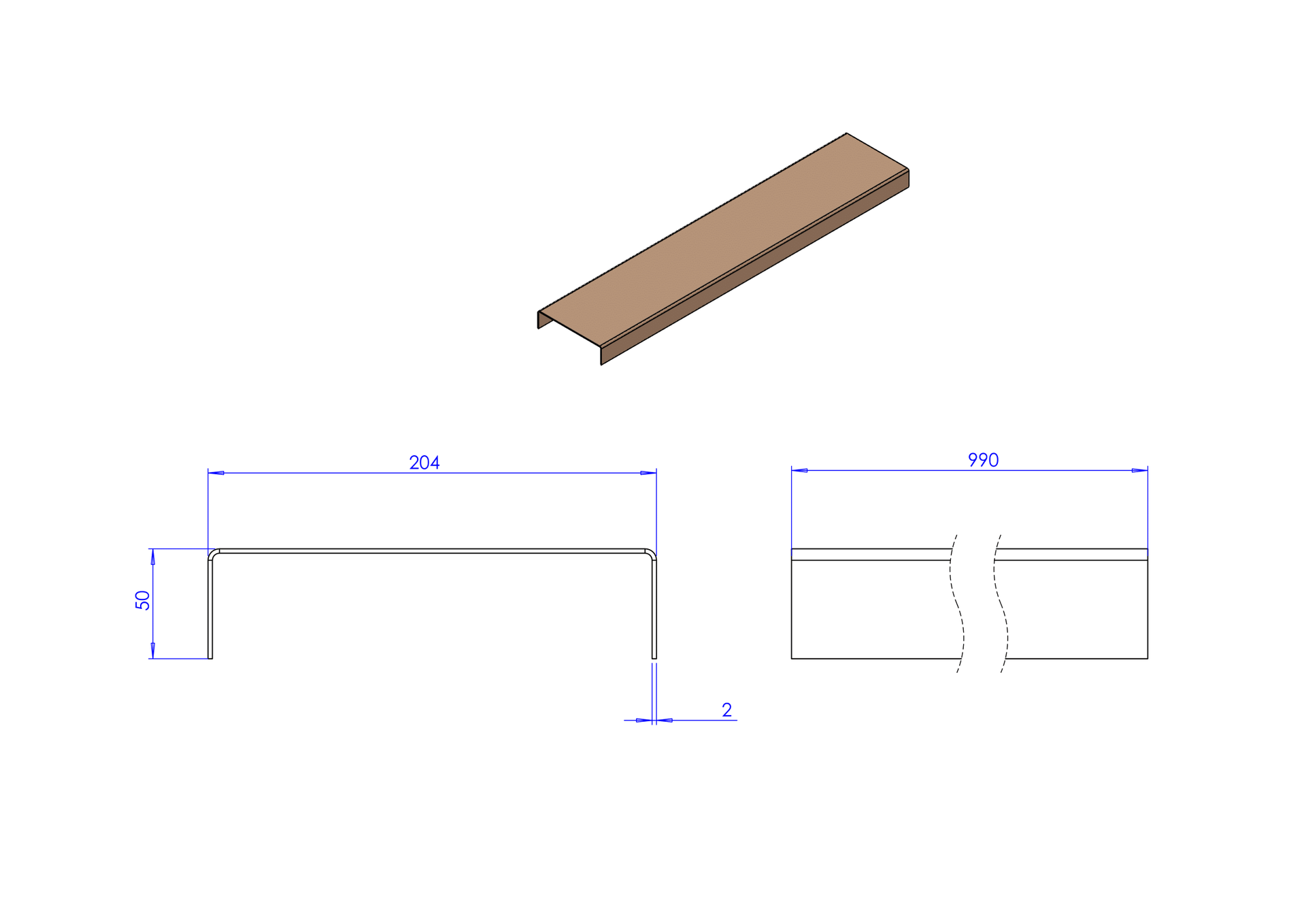 Technische tekening van een beige U-profielbeugel met aangegeven afmetingen voor lengte, breedte en zijdiepte.