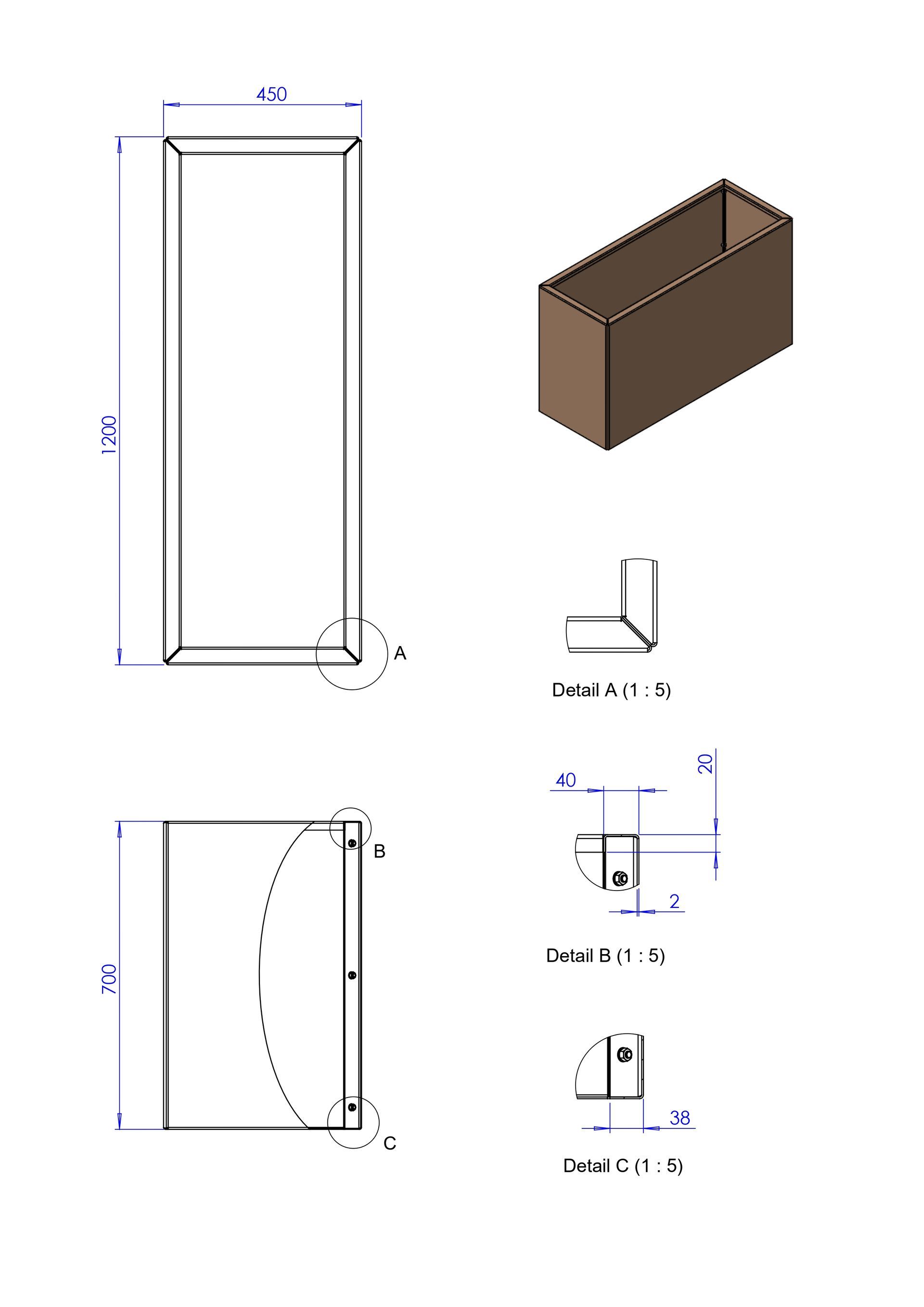 Plantenbak 120x45x70cm 2mm, gebout, zonder bodem