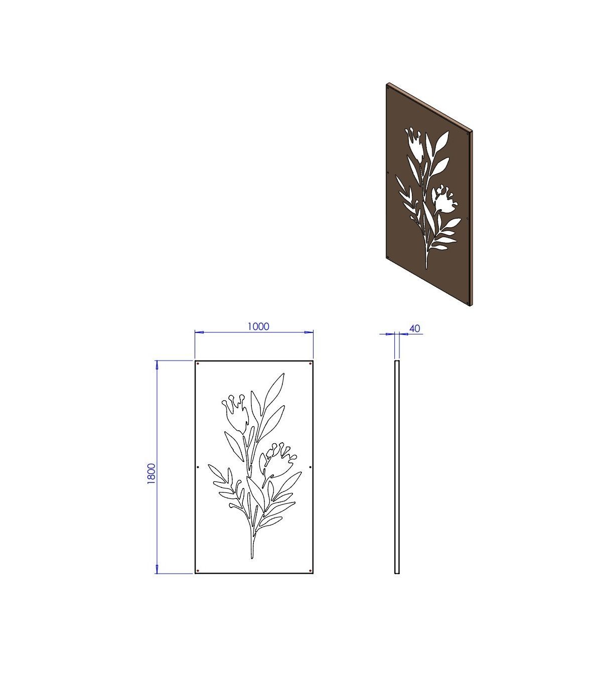 Technische tekening van een rechthoekig metalen scherm met een lasergesneden bloemenmotief, met afmetingen van 500x1200x40 mm.
