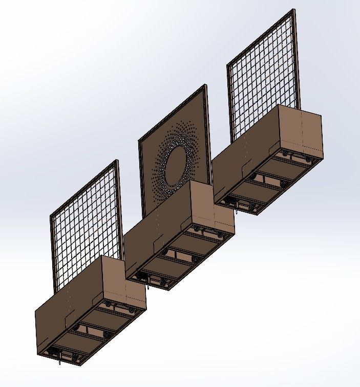 Een CAD-model met drie bruine rechthoekige modules, twee met rastervormige panelen en één met een centraal paneel met een zonpatroon.