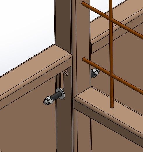 Een digitale detailweergave van twee bruine houten panelen die met bouten en moeren aan een verticale steunpaal zijn bevestigd.