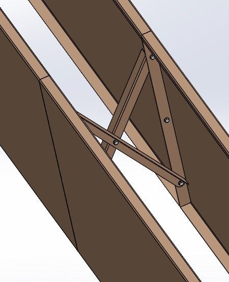 Een CAD-weergave van twee parallelle, bruine, verticale panelen die met elkaar verbonden zijn door een schuine, X-vormige houten draagconstructie met klinknagels.