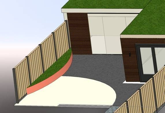 Digitale weergave van een moderne oprit met een gebogen plantenbak, houten schutting en een garage met een groen dak.