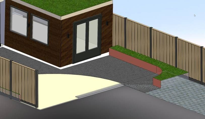 Digitale weergave van een tuinkantoor met een groen dak, terras, verhoogd gazon en houten schutting.
