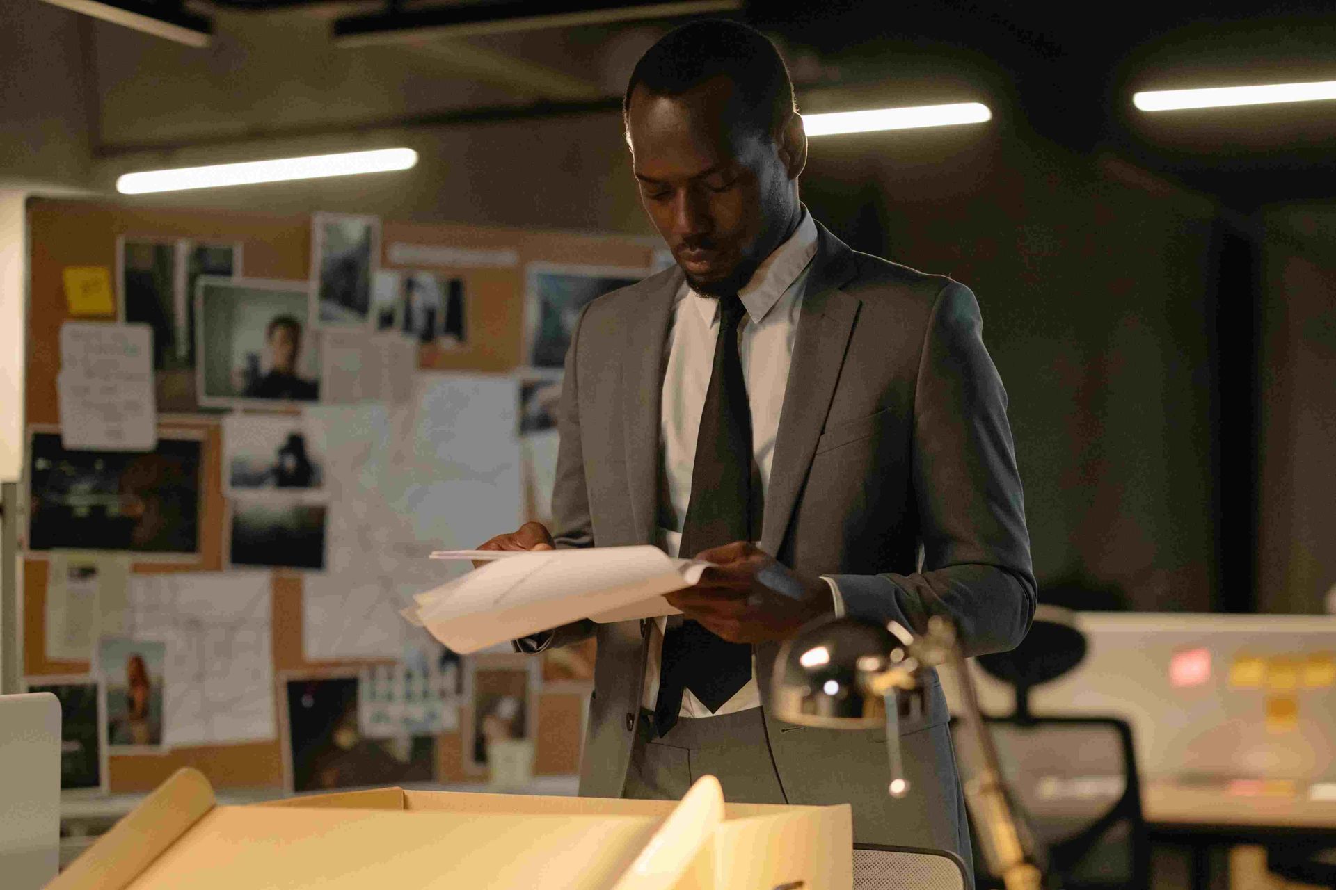 A man in a suit and tie is looking at a piece of paper in an office.