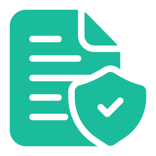 A green icon of a document with a shield and a check mark.
