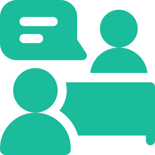 Two people are sitting at a table with speech bubbles.
