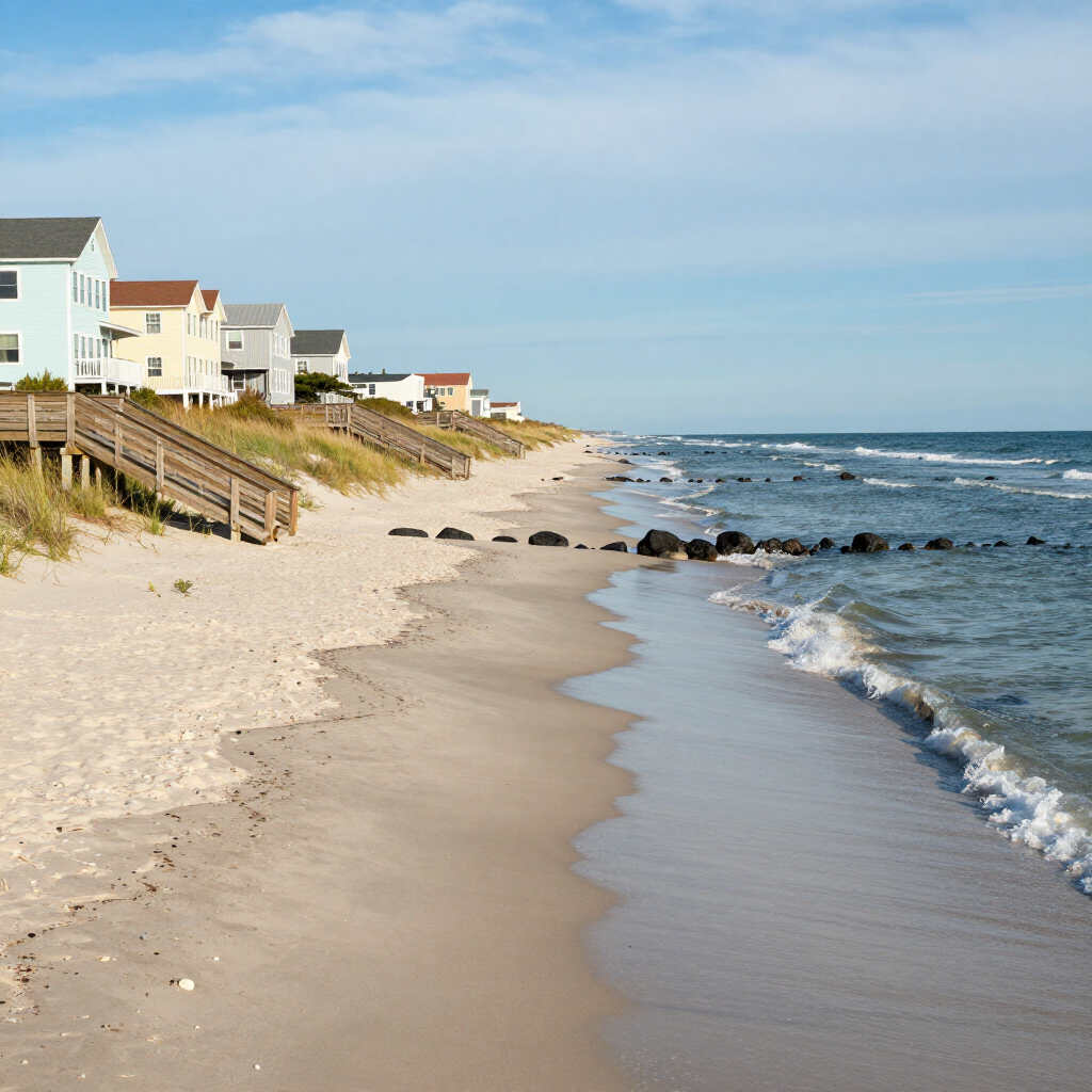 Sandy beach with gentle waves, rocks, and seaside houses along the shore under a clear blue sky