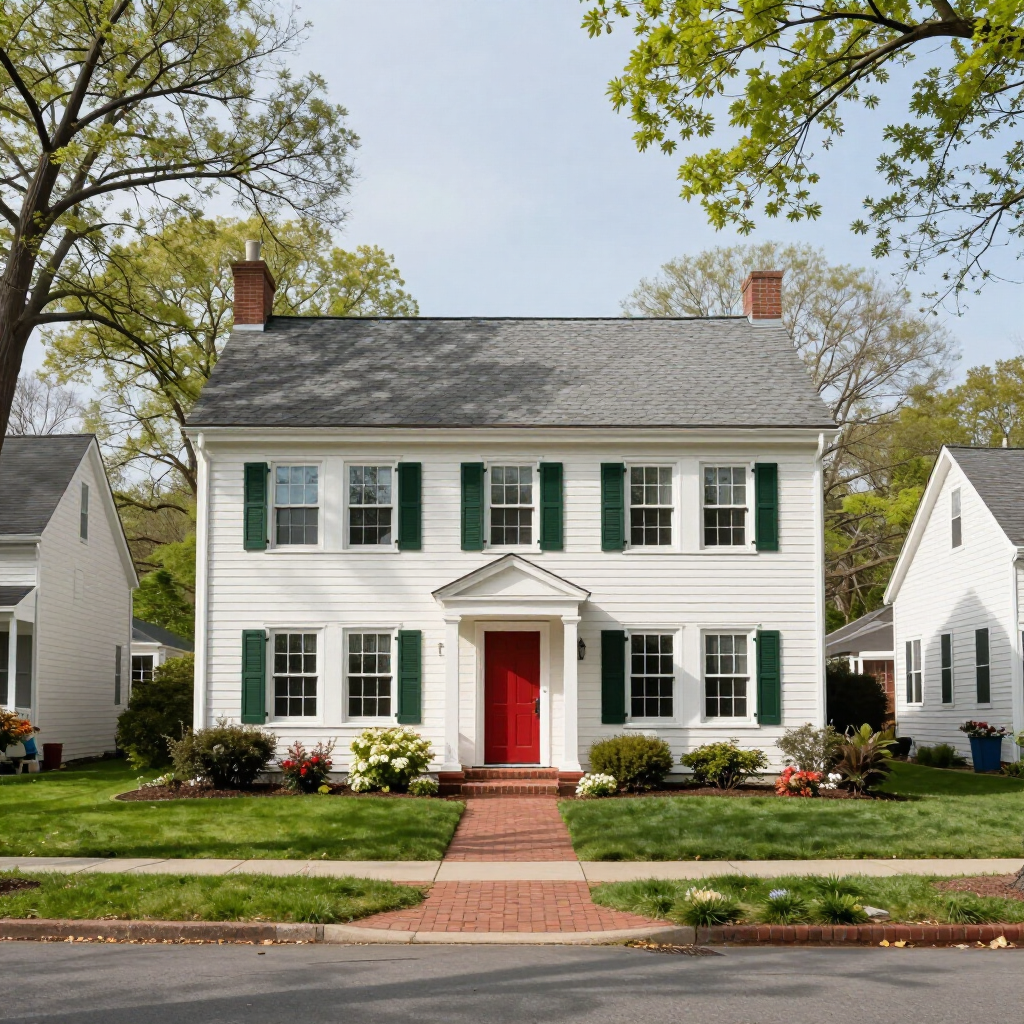 White two-story house with green shutters and a red door, framed by trees and a front lawn.