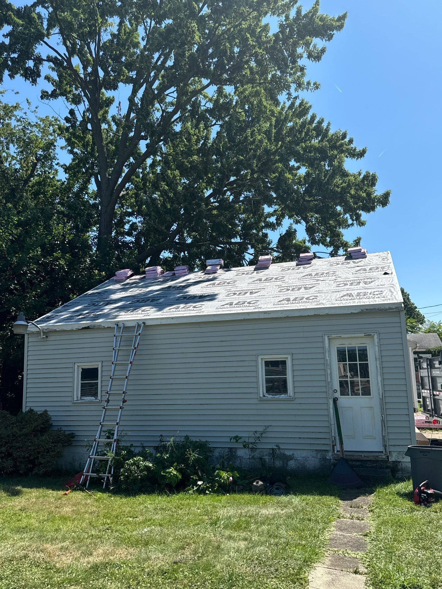 Small white house with roof damage, a ladder at the side, and a large tree behind it