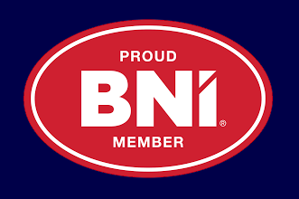 Red oval BNI Proud Member logo on a blue background