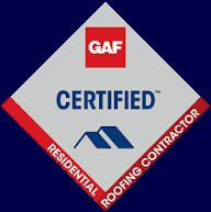 GAF Certified Residential Roofing Contractor badge with red, blue, and gray diamond design