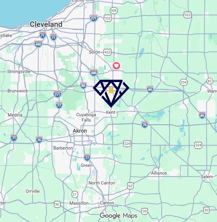 Google Maps view of the Cleveland-Akron area with a blue diamond logo marker near Akron.
