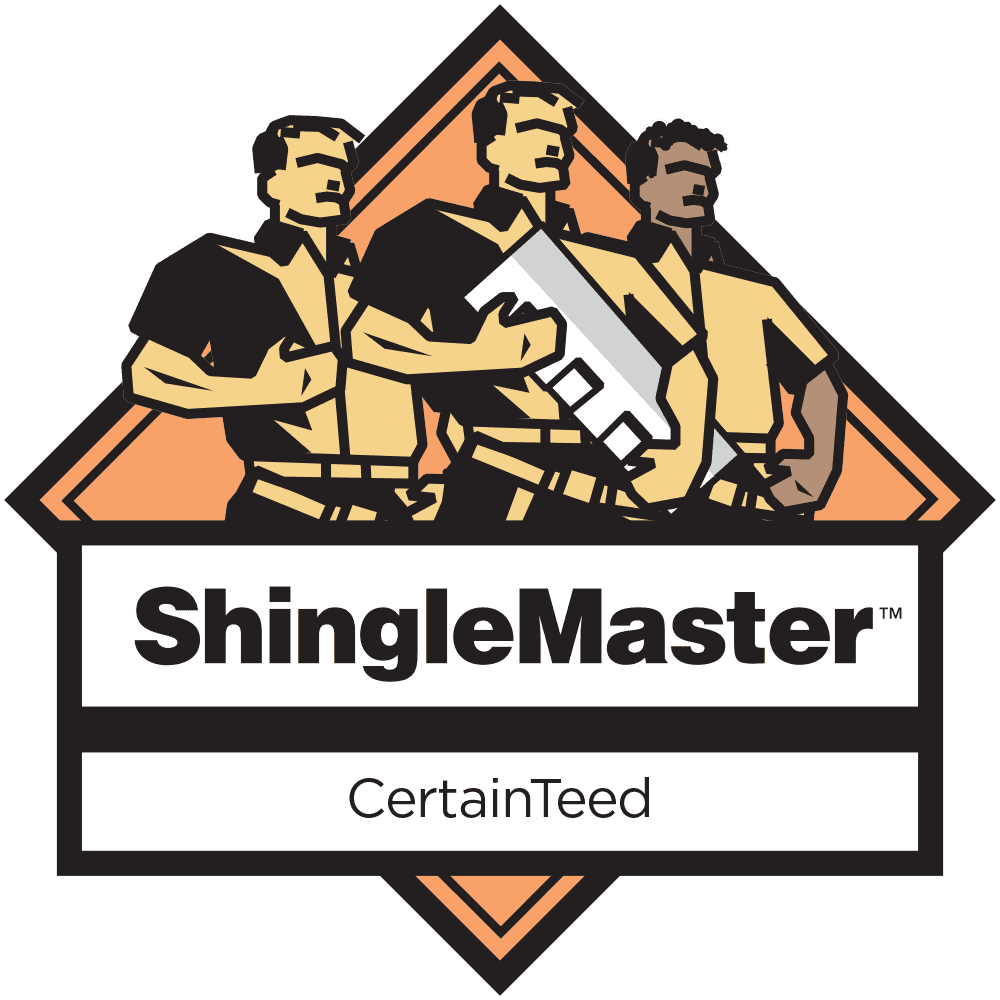 ShingleMaster CertainTeed logo with three roofers in front of an orange roof outline