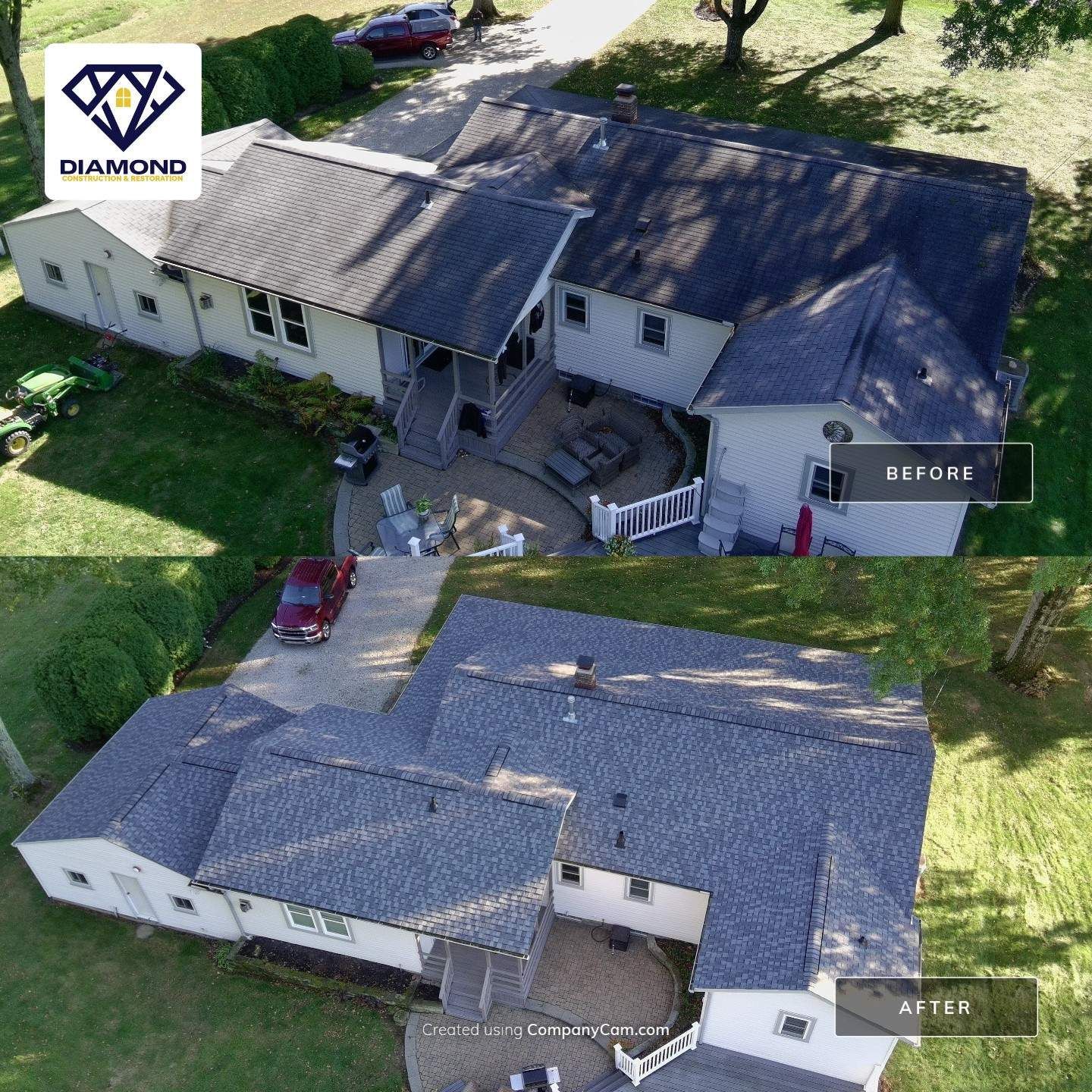 Aerial view of a gray-roofed house, showing the roof before and after replacement.