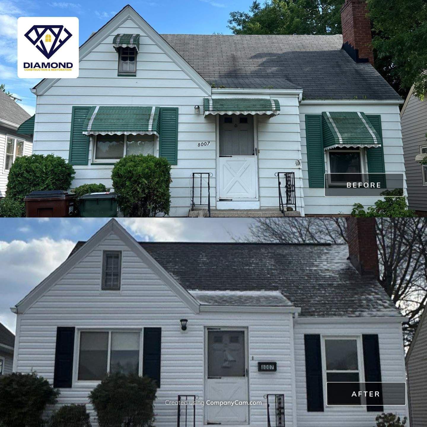 Before-and-after exterior of a small white house with green awnings and shutters, shown with roof and siding changes.