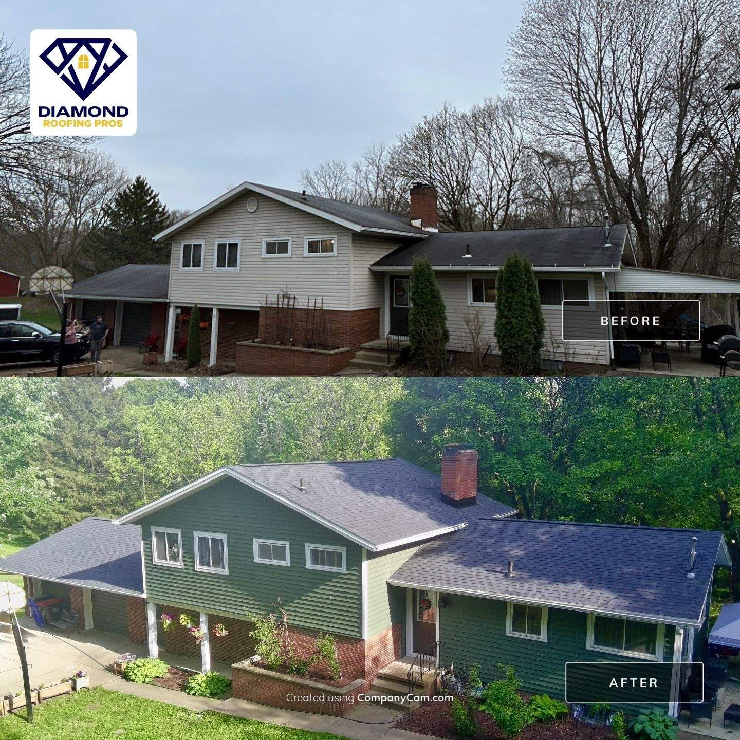 Before-and-after of a house exterior renovation: gray siding and roof replaced with green siding and brick porch.
