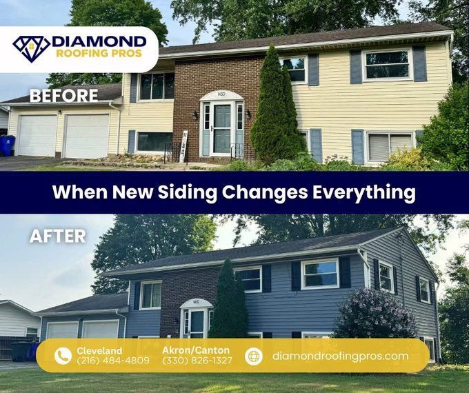 Before-and-after of a house with new blue siding; 
