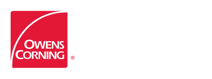 Owens Corning logo in white on a red square with a curved white line