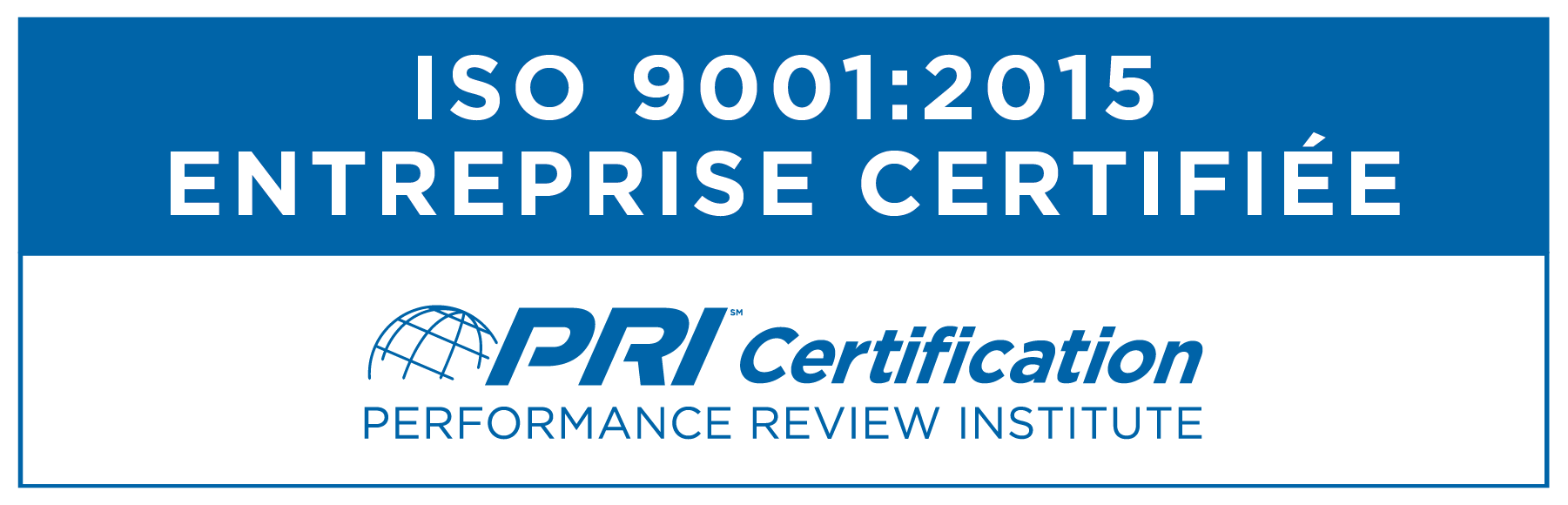 Bannière bleue et blanche avec logo de certification PRi pour entreprise certifiée ISO 9001:2015
