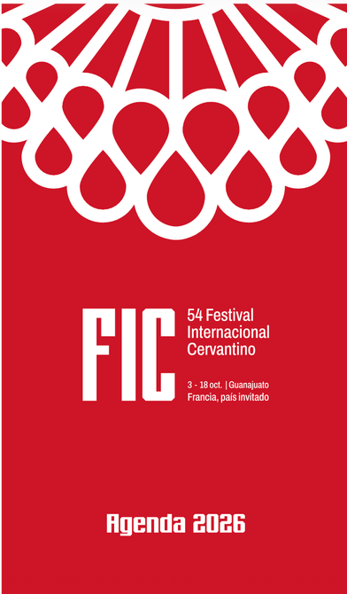 Red FIJ poster with white lace pattern and text “Agenda 2026” at the bottom