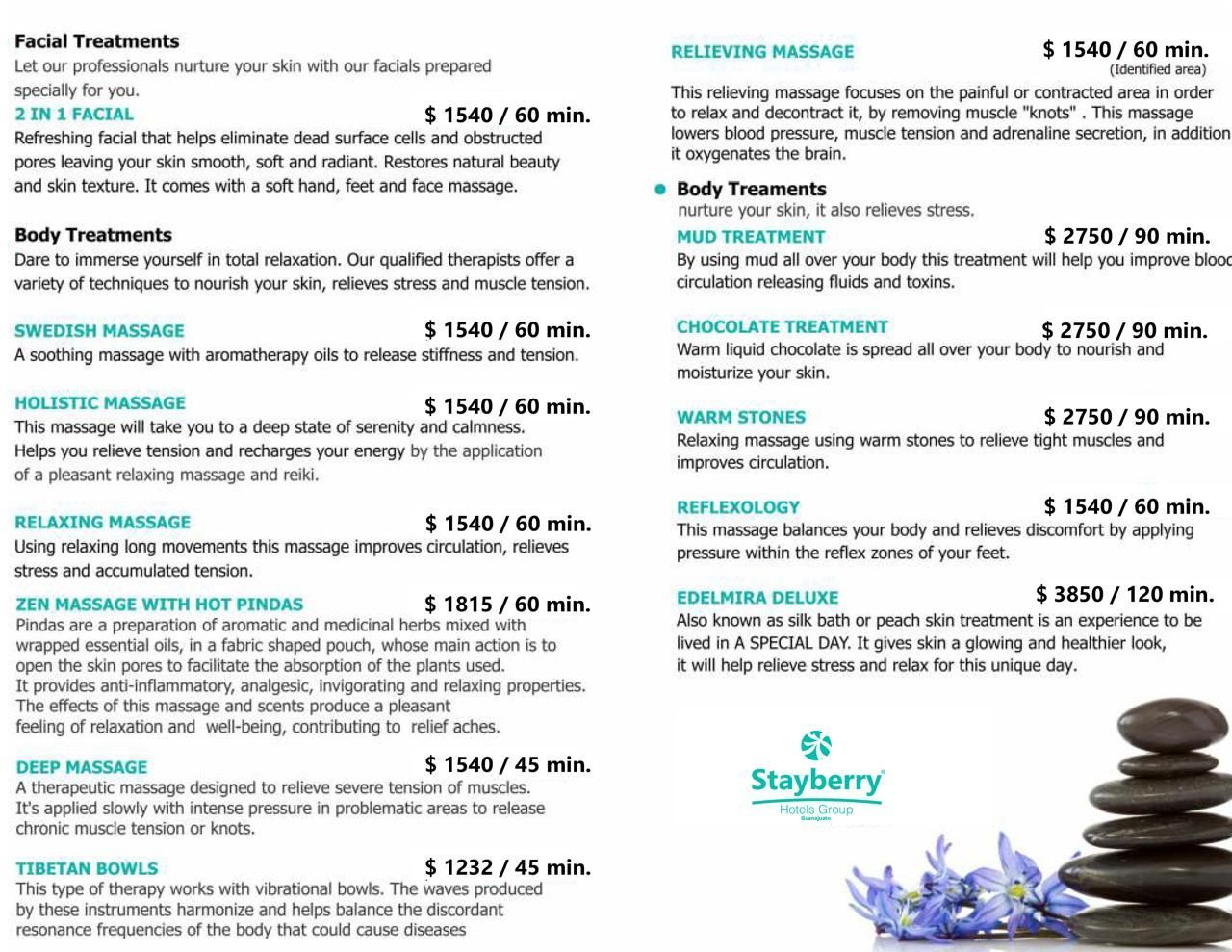 Spa service menu flyer with massage treatments, prices, and stacked black stones with purple flowers at bottom right