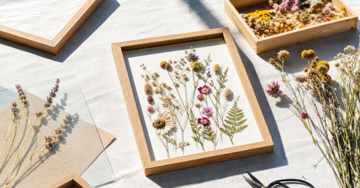 A wooden frame with pressed pink and yellow flowers and green leaves. Dried stems lie on the table to the side.
