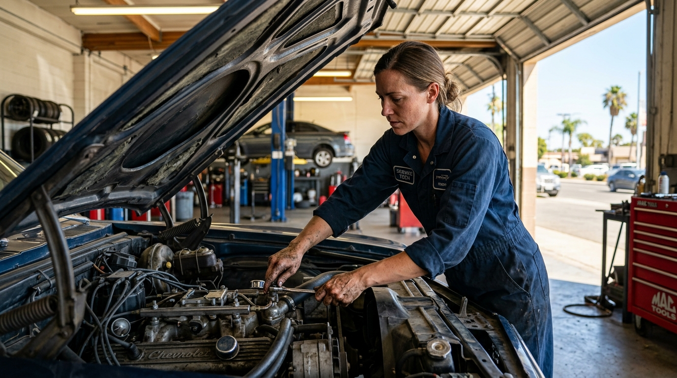 Auto repair technician inspecting a vehicle on a lift inside a busy California garage shop