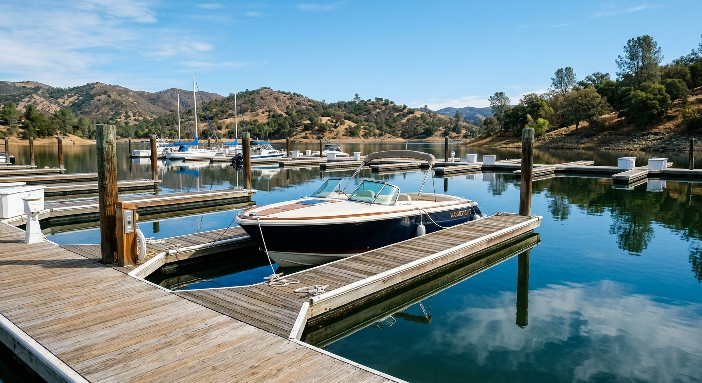 A motorboat cruising on a calm California reservoir surrounded by golden hills on a sunny summer afternoon