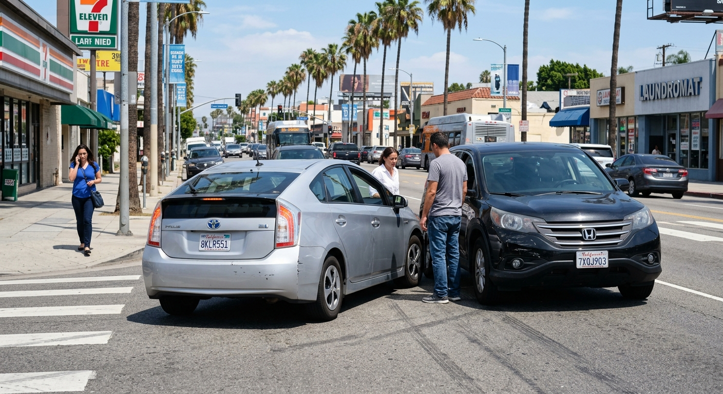 Two cars after a rear-end collision on a busy California highway with traffic visible in the background