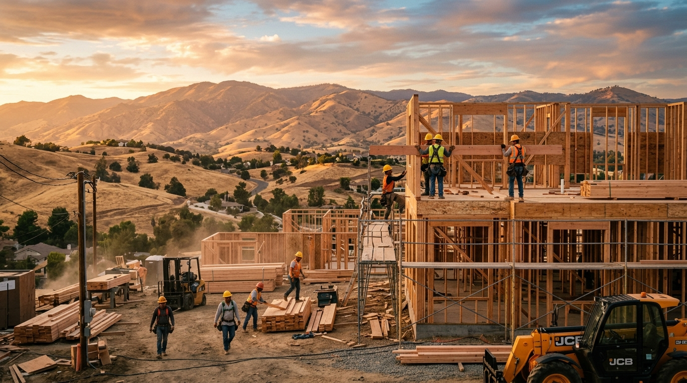 A construction crew framing a wood-structure building at a job site on a sunny California day, with lumber and materials