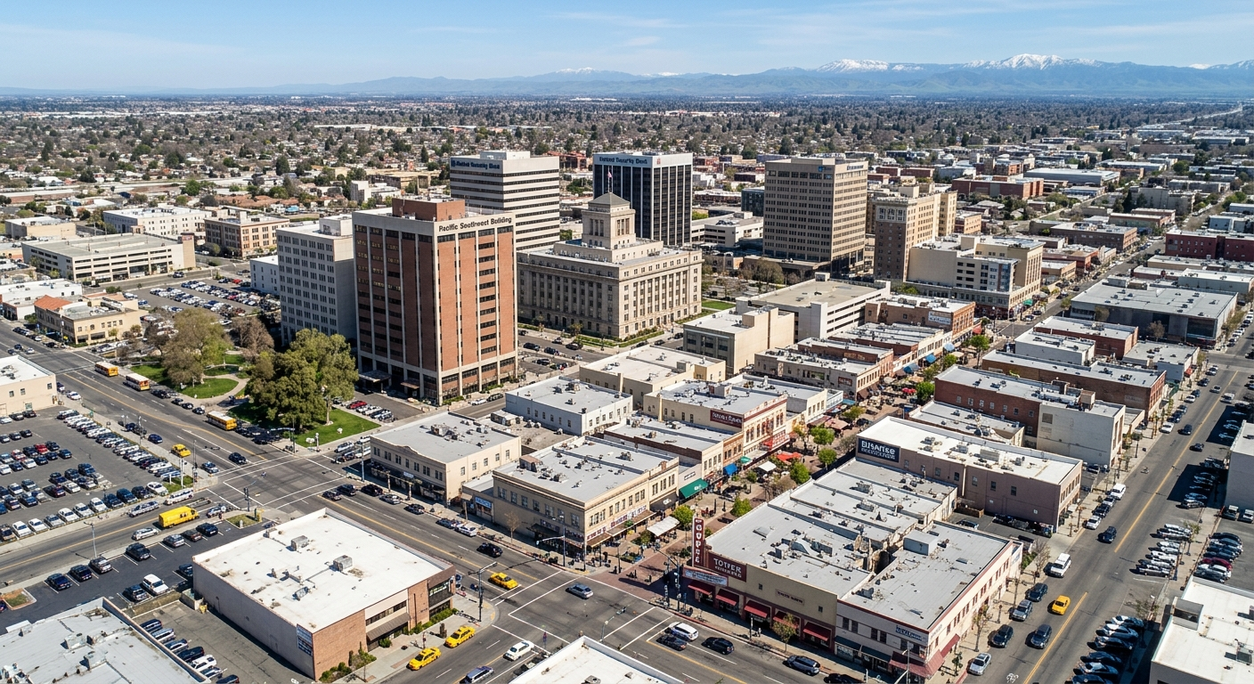 Fresno California downtown small business street view with a local insurance agency storefront on a sunny day