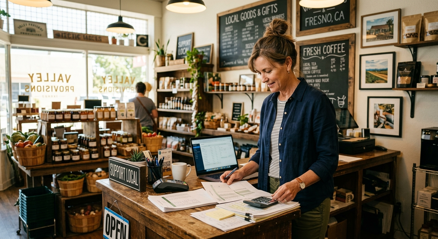 Small business owner reviewing insurance documents at a desk inside a Fresno storefront
