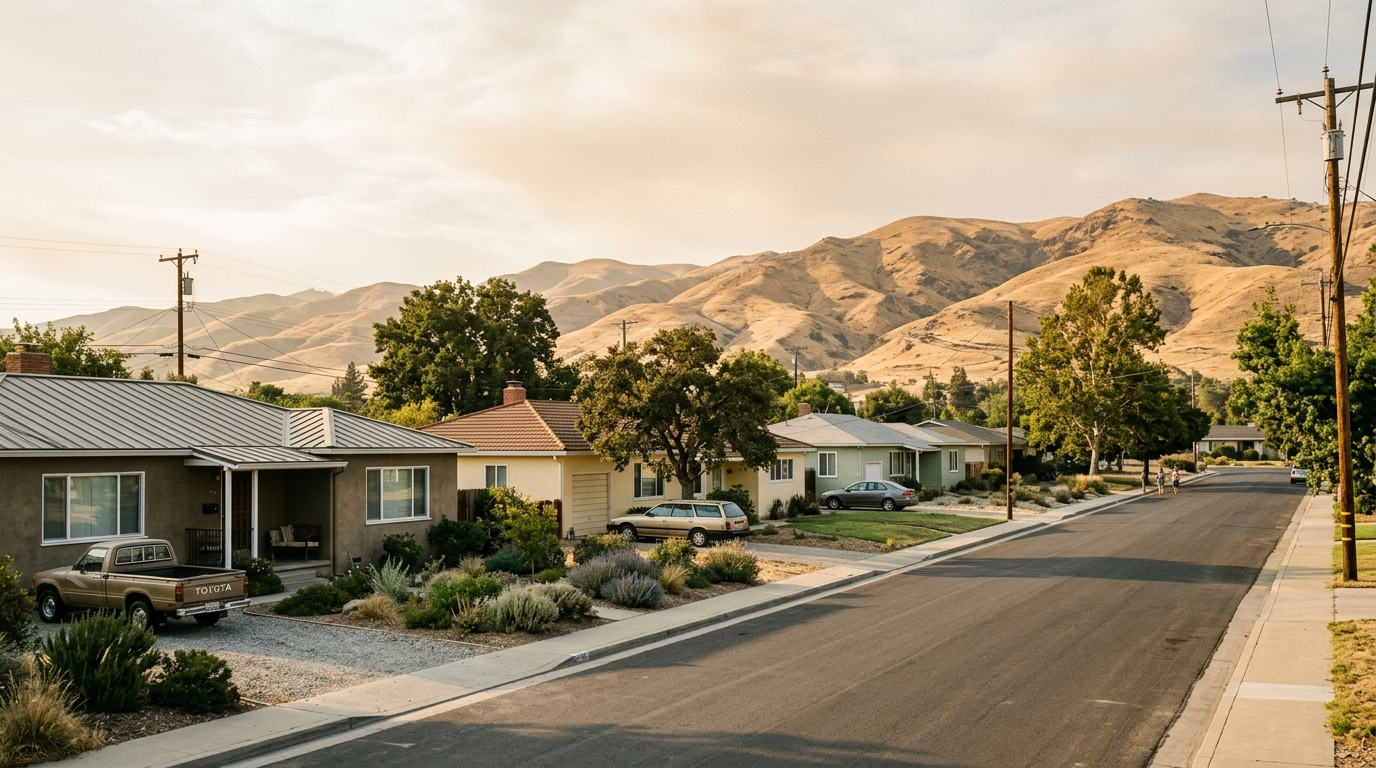 Suburban Fresno neighborhood street with single-story homes and dry foothills visible in the background under a hazy
