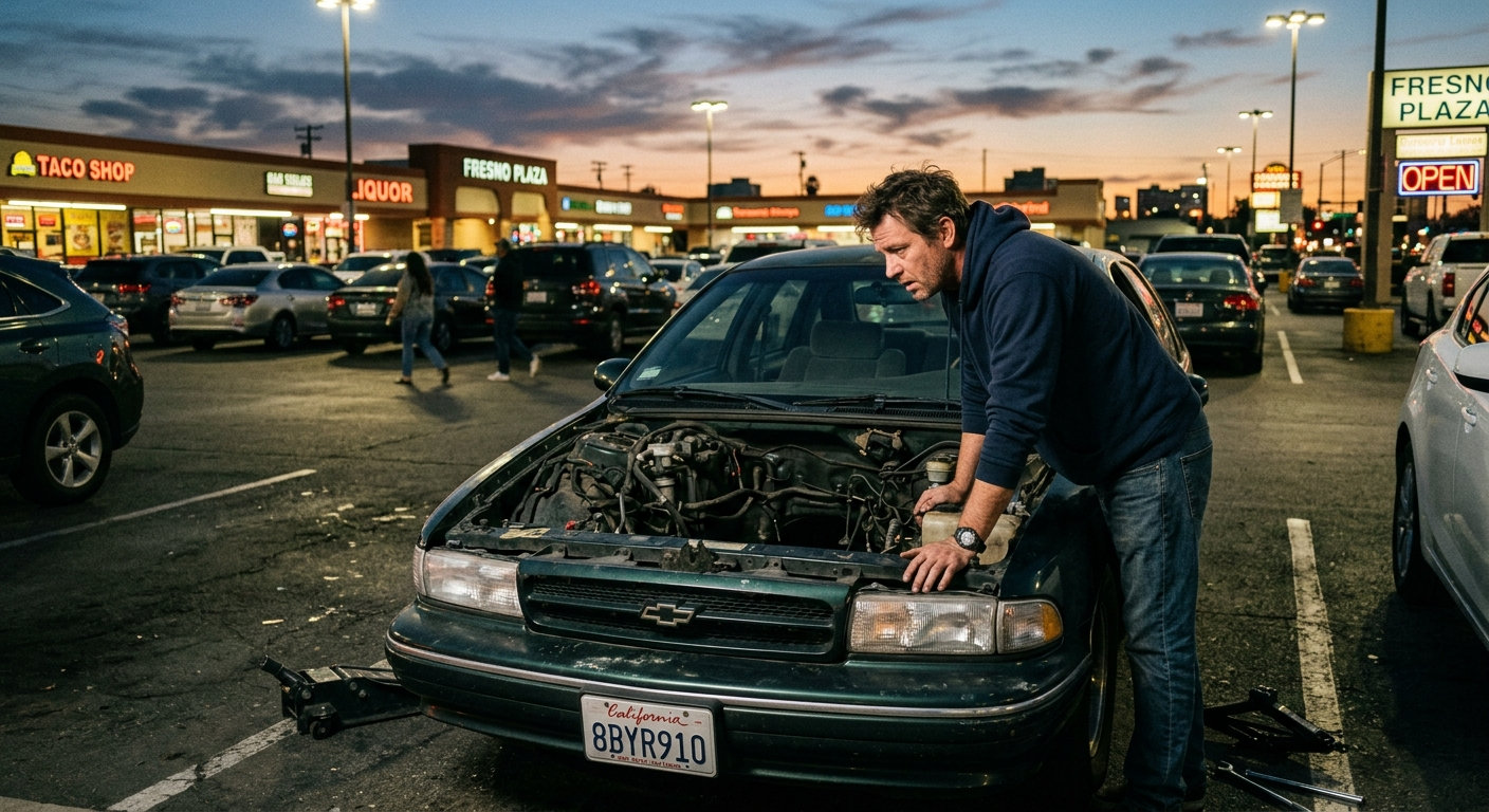Close-up of an open car hood in a parking lot showing an empty battery tray where a battery has been removed by theft