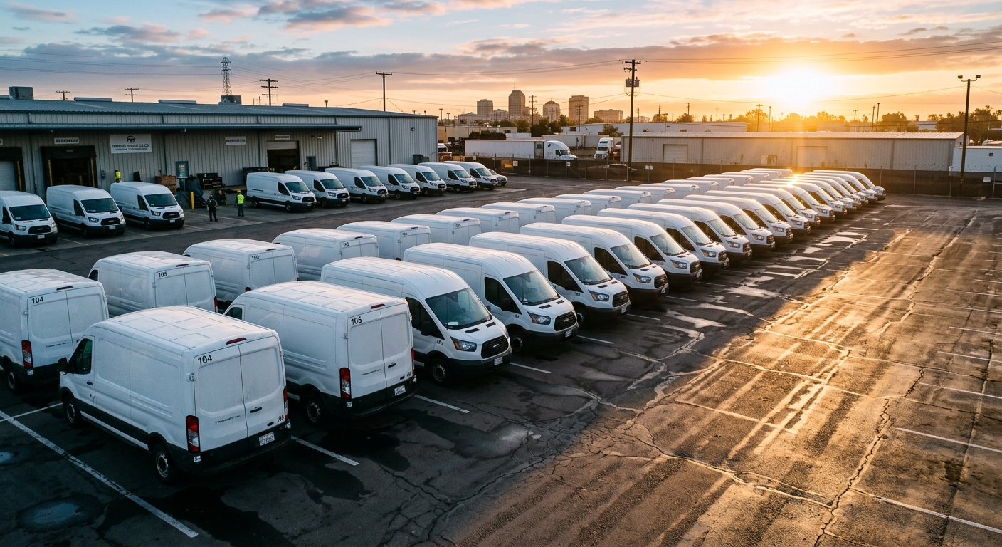 Commercial delivery van parked outside a small business in Fresno, California on a sunny day