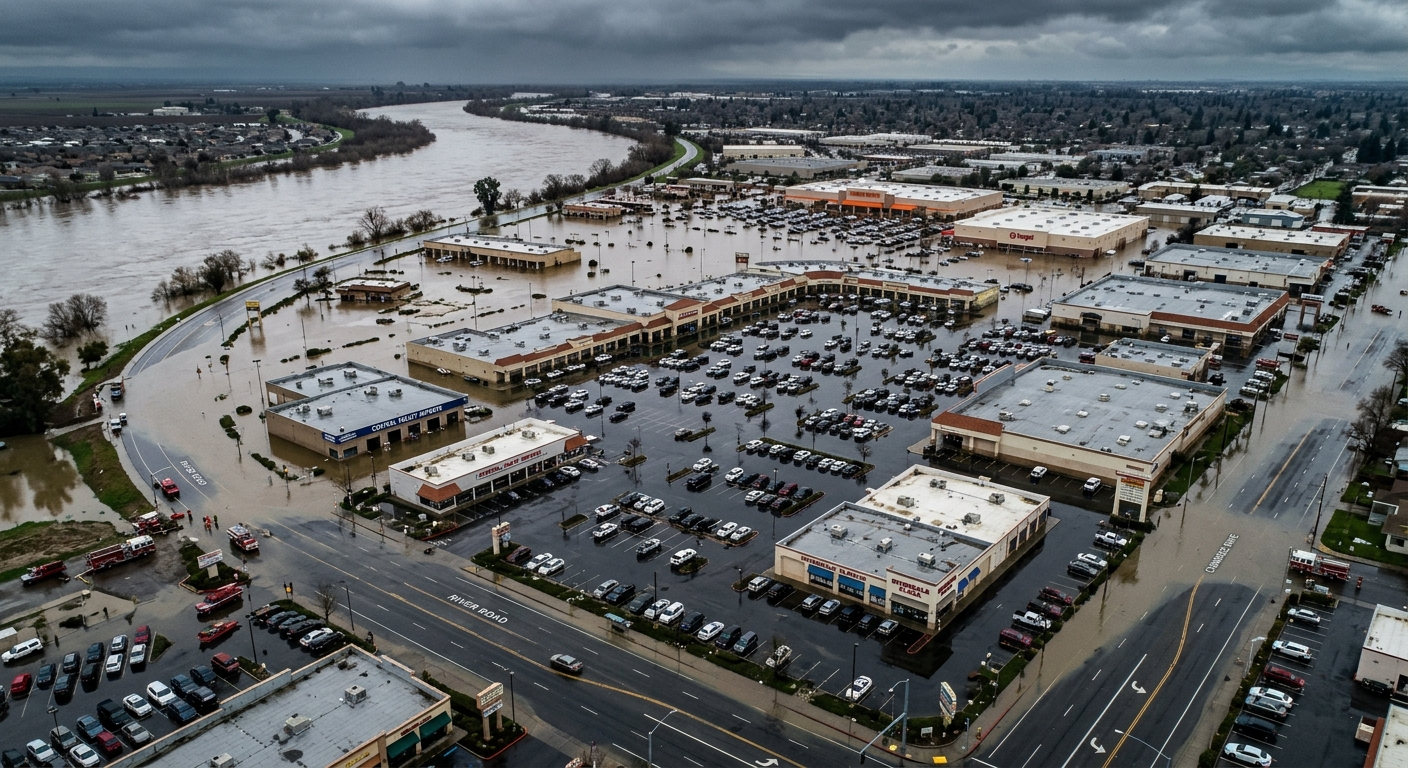 Flooded commercial street with water surrounding a small business storefront in California's Central Valley