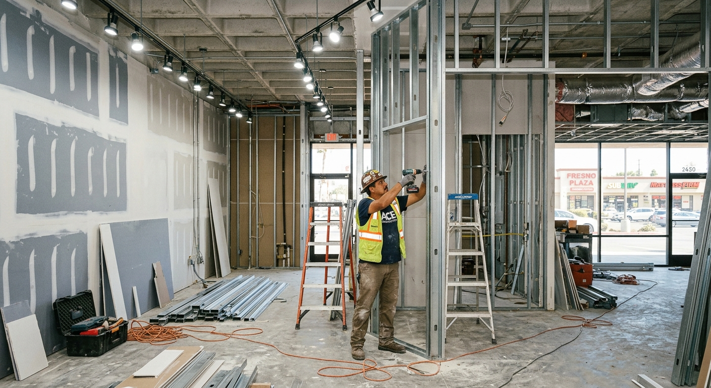 Empty commercial office suite mid-renovation with exposed walls, flooring work in progress, and construction materials on